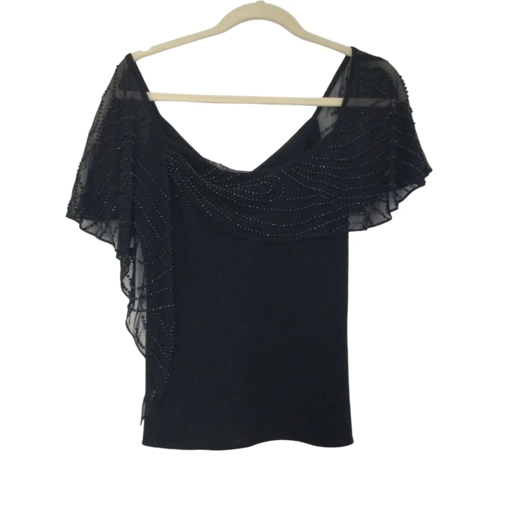 S.L Fashions Black Beautiful Beaded Draped Shoulder Design Blouse Sz: 14P